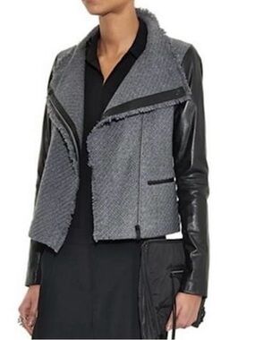 Vince Gray Wool Tweed Jacket with Black Leather Sleeves, size M